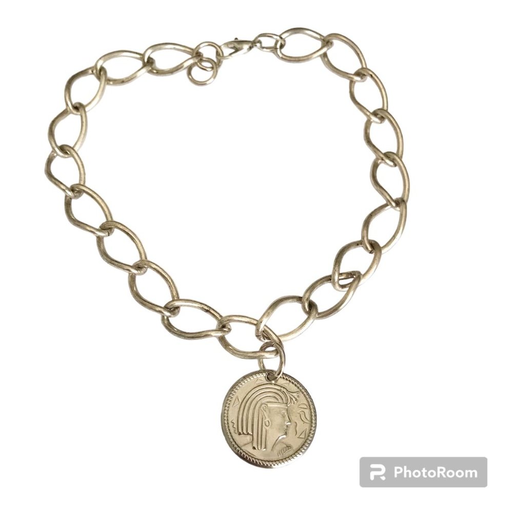 Vintage Egyptian Coin Charm Bracelet Silver Plated 7-10" Chain Egypt Lady Queen